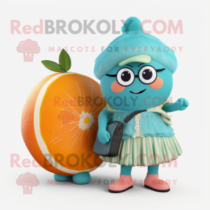 Teal Grapefruit mascot costume character dressed with a Maxi Skirt and Backpacks