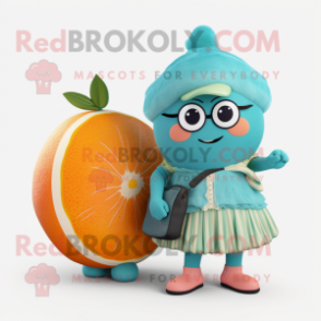 Teal Grapefruit mascot costume character dressed with a Maxi Skirt and Backpacks