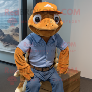 Rust Sea Turtle mascot costume character dressed with a Oxford Shirt and Caps