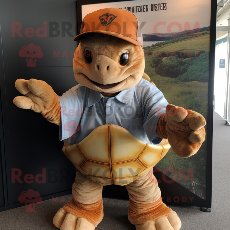 Rust Sea Turtle mascot costume character dressed with a Oxford Shirt and Caps Rust Sea Turtle mascot costume character dressed with a Oxford Shirt and Caps