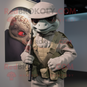 Gray Sniper mascot costume character dressed with a Turtleneck and Caps