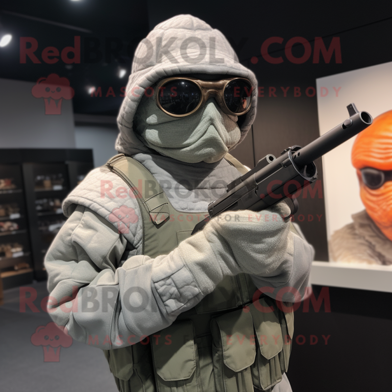 Gray Sniper mascot costume character dressed with a Turtleneck and Caps Gray Sniper mascot costume character dressed with a Turtleneck and Caps