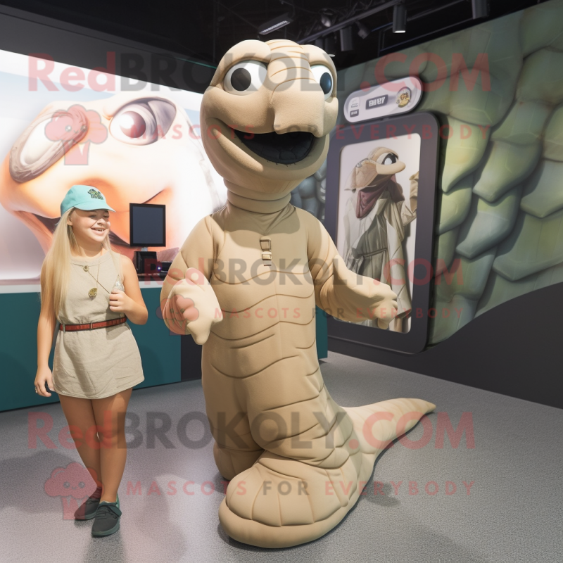 Tan Titanoboa mascot costume character dressed with a Mini Skirt and Watches