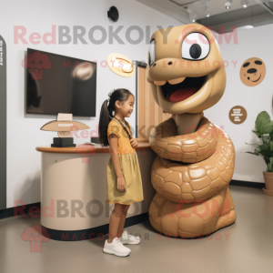 Tan Titanoboa mascot costume character dressed with a Mini Skirt and Watches