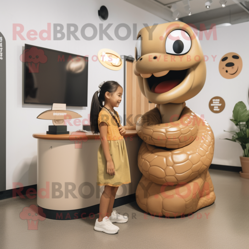 Tan Titanoboa mascot costume character dressed with a Mini Skirt and Watches