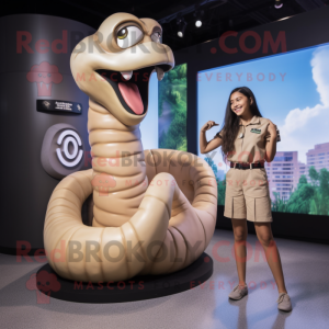 Tan Titanoboa mascot costume character dressed with a Mini Skirt and Watches