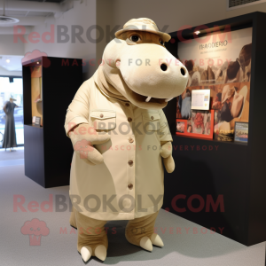 Tan Hippopotamus mascot costume character dressed with a Sheath Dress and Caps