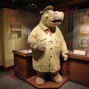 Tan Hippopotamus mascot costume character dressed with a Sheath Dress and Caps