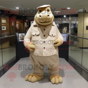 Tan Hippopotamus mascot costume character dressed with a Sheath Dress and Caps