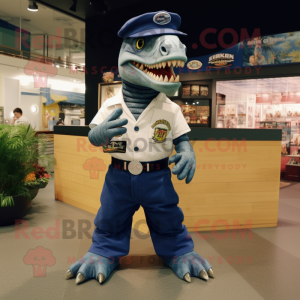 Navy Tyrannosaurus mascot costume character dressed with a Button-Up Shirt and Shoe clips