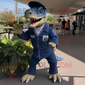 Navy Tyrannosaurus mascot costume character dressed with a Button-Up Shirt and Shoe clips