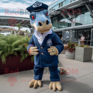 Navy Tyrannosaurus mascot costume character dressed with a Button-Up Shirt and Shoe clips