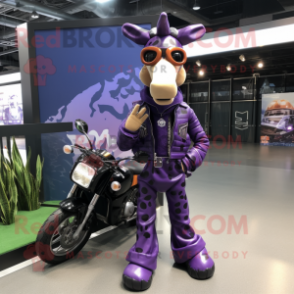 Purple Giraffe mascot costume character dressed with a Moto Jacket and Shoe laces