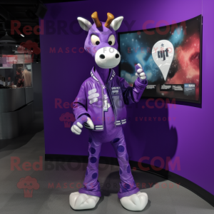 Purple Giraffe mascot costume character dressed with a Moto Jacket and Shoe laces