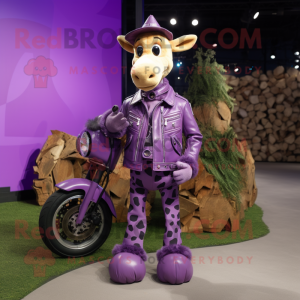 Purple Giraffe mascot costume character dressed with a Moto Jacket and Shoe laces