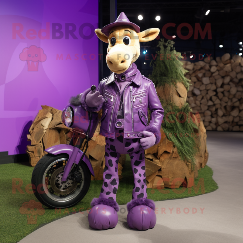 Purple Giraffe mascot costume character dressed with a Moto Jacket and Shoe laces Purple Giraffe mascot costume character dressed with a Moto Jacket and Shoe laces