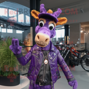 Purple Giraffe mascot costume character dressed with a Moto Jacket and Shoe laces