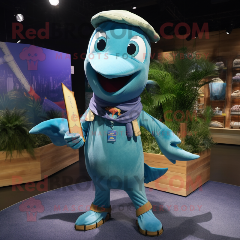 Turquoise Swordfish mascot costume character dressed with a Flare Jeans and Caps