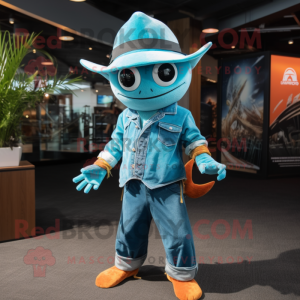 Turquoise Swordfish mascot costume character dressed with a Flare Jeans and Caps