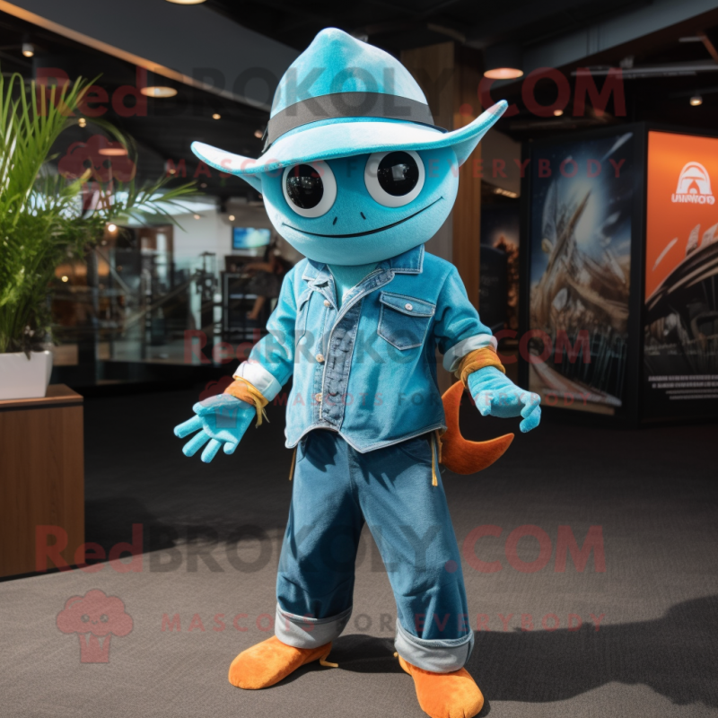 Turquoise Swordfish mascot costume character dressed with a Flare Jeans and Caps