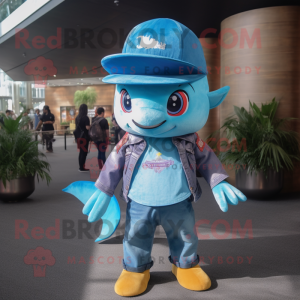 Turquoise Swordfish mascot costume character dressed with a Flare Jeans and Caps