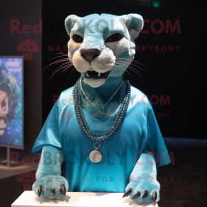 Cyan Puma mascot costume character dressed with a Dress Shirt and Necklaces