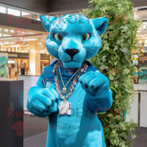 Cyan Puma maskot kostume...