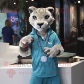 Cyan Puma mascot costume character dressed with a Dress Shirt and Necklaces