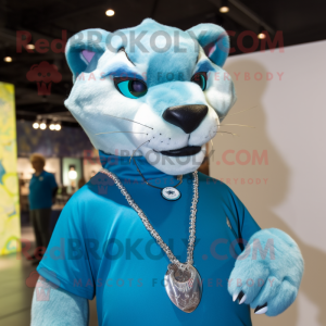 Cyan Puma maskot kostym...