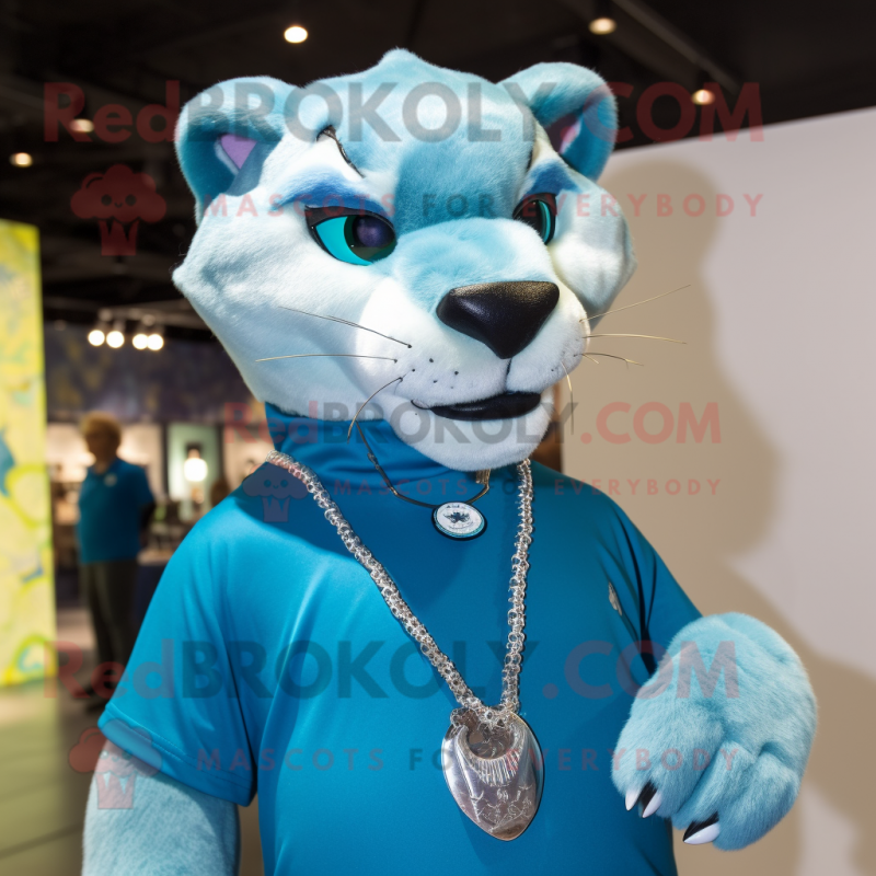 Cyan Puma mascot costume character dressed with a Dress Shirt and Necklaces Cyan Puma mascot costume character dressed with a Dress Shirt and Necklaces
