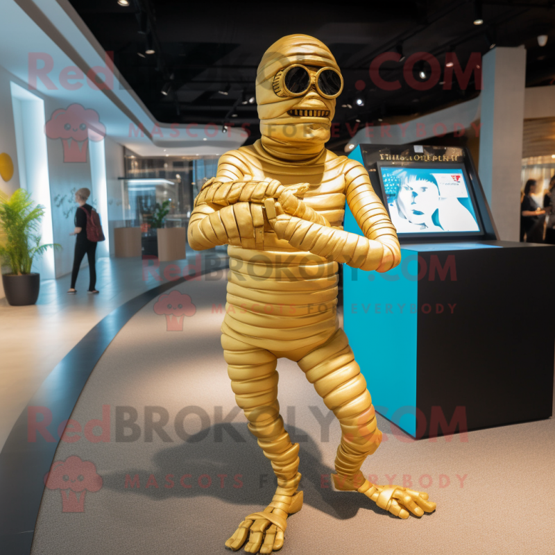 Gold Mummy mascot costume character dressed with a One-Piece Swimsuit and Bracelet watches