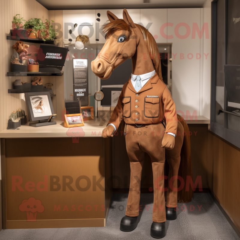 Brown Mare mascot costume character dressed with a Suit Pants and Clutch bags