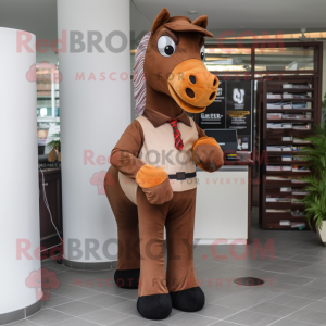 Brown Mare mascot costume character dressed with a Suit Pants and Clutch bags