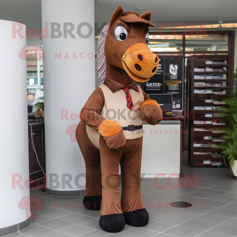 Brown Mare mascot costume character dressed with a Suit Pants and Clutch bags Brown Mare mascot costume character dressed with a Suit Pants and Clutch bags