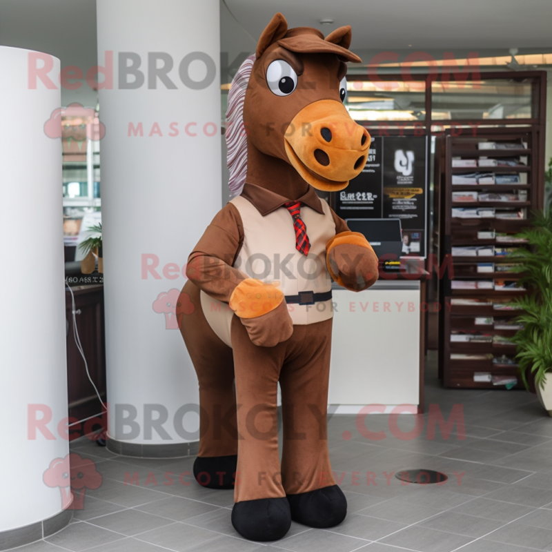 Brown Mare mascot costume character dressed with a Suit Pants and Clutch bags