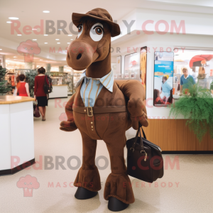 Brown Mare mascot costume character dressed with a Suit Pants and Clutch bags