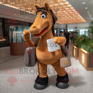 Brown Mare mascot costume character dressed with a Suit Pants and Clutch bags