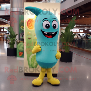 Cyan Banana mascot costume character dressed with a Skinny Jeans and Earrings