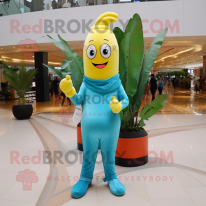 Cyan Banana mascot costume character dressed with a Skinny Jeans and Earrings
