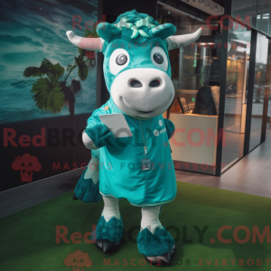 Teal Hereford Cow mascot...