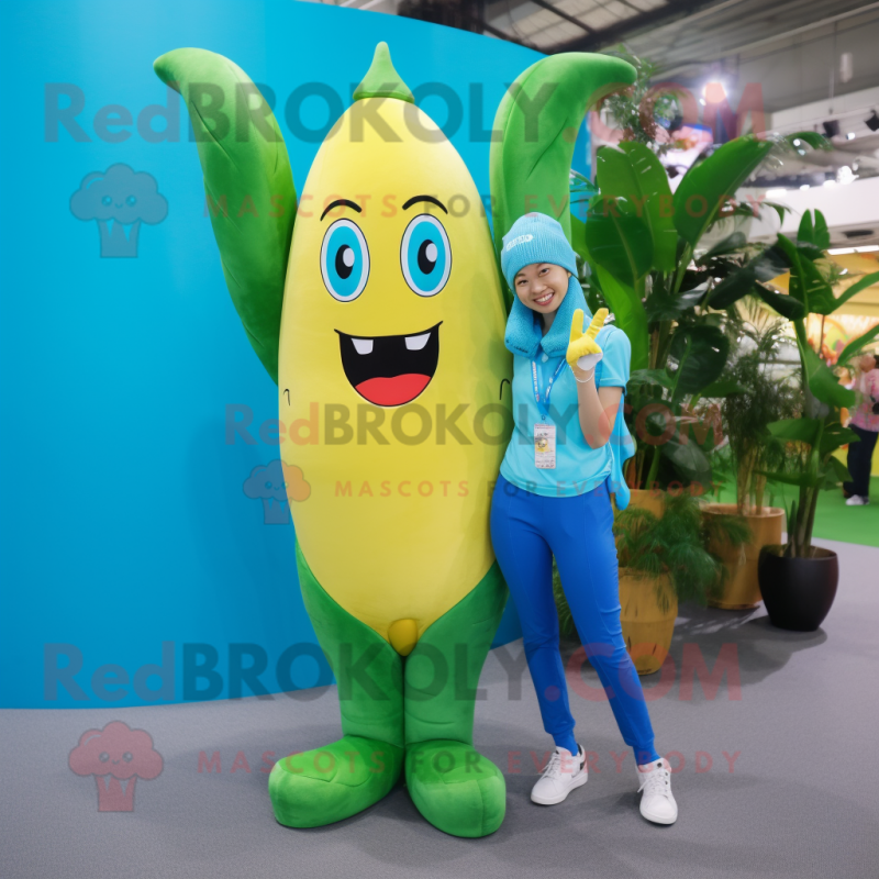 Cyan Banana mascot costume character dressed with a Skinny Jeans and Earrings Cyan Banana mascot costume character dressed with a Skinny Jeans and Earrings