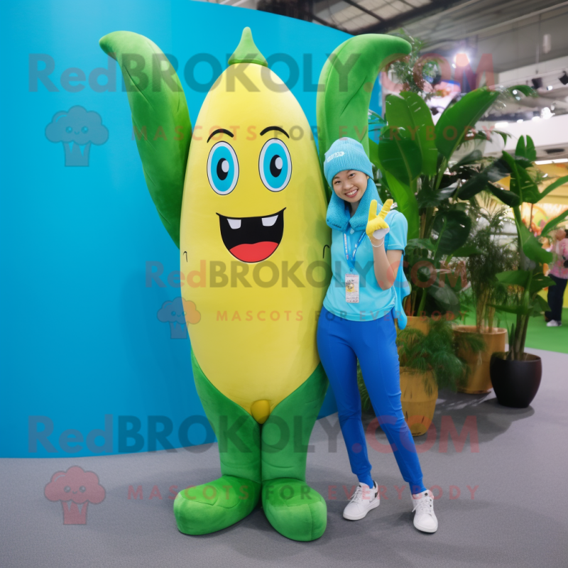 Cyan Banana mascot costume character dressed with a Skinny Jeans and Earrings