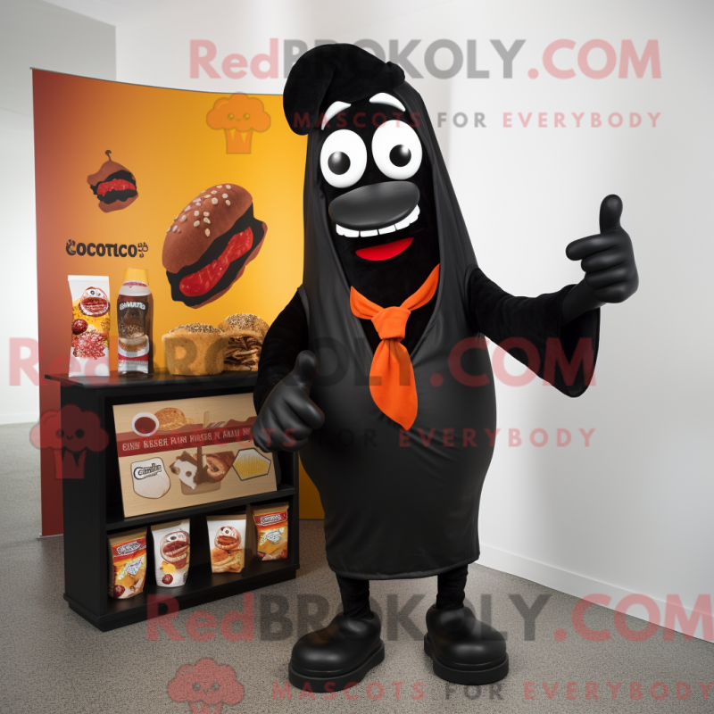 Fantasia de mascote currywurst preta com paletó e cachecóis - Mascotes Currywurst - REBROKO_351686 - RedBrokoly.com