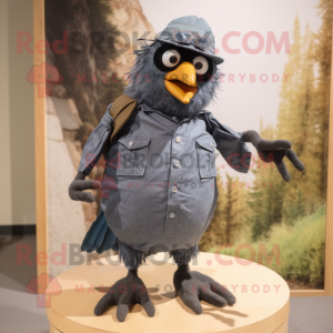 Gray Blackbird mascot costume character dressed with a Denim Shorts and Ties