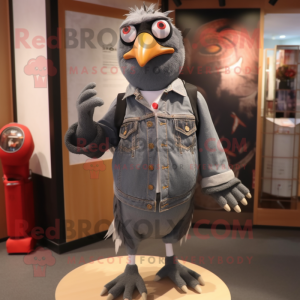 Gray Blackbird mascot costume character dressed with a Denim Shorts and Ties