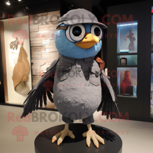 Gray Blackbird mascot costume character dressed with a Denim Shorts and Ties