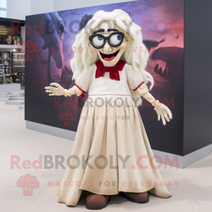 Beige Vampire mascot costume character dressed with a Maxi Skirt and Eyeglasses