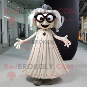 Beige Vampire mascot costume character dressed with a Maxi Skirt and Eyeglasses