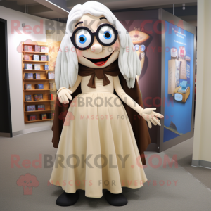 Beige Vampire mascot costume character dressed with a Maxi Skirt and Eyeglasses
