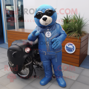 Blue Seal mascot costume character dressed with a Moto Jacket and Briefcases